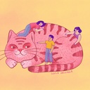 Print Grande "Gato Gigante Rodeado de niños" Con Marco. Sofia Orizaga
