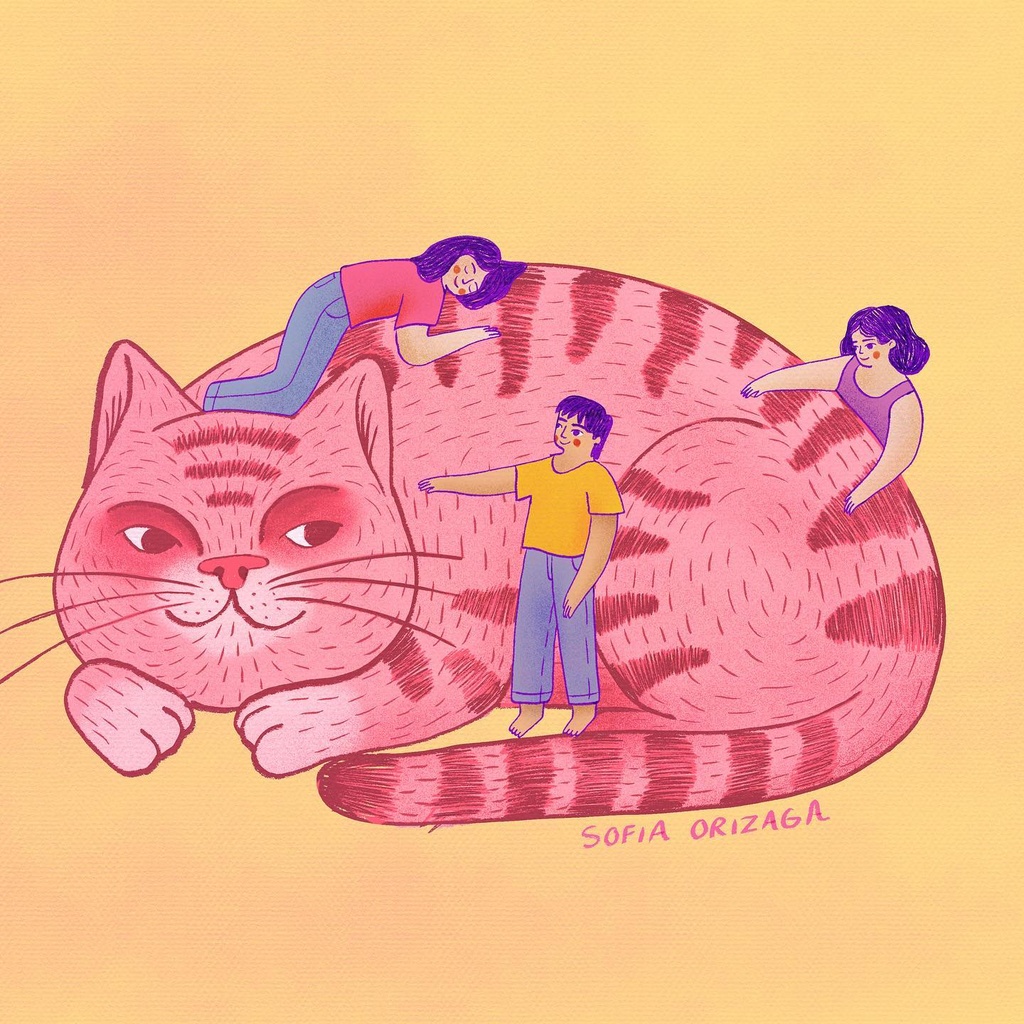 Print Grande "Gato Gigante Rodeado de niños" Sin Marco. Sofia Orizaga